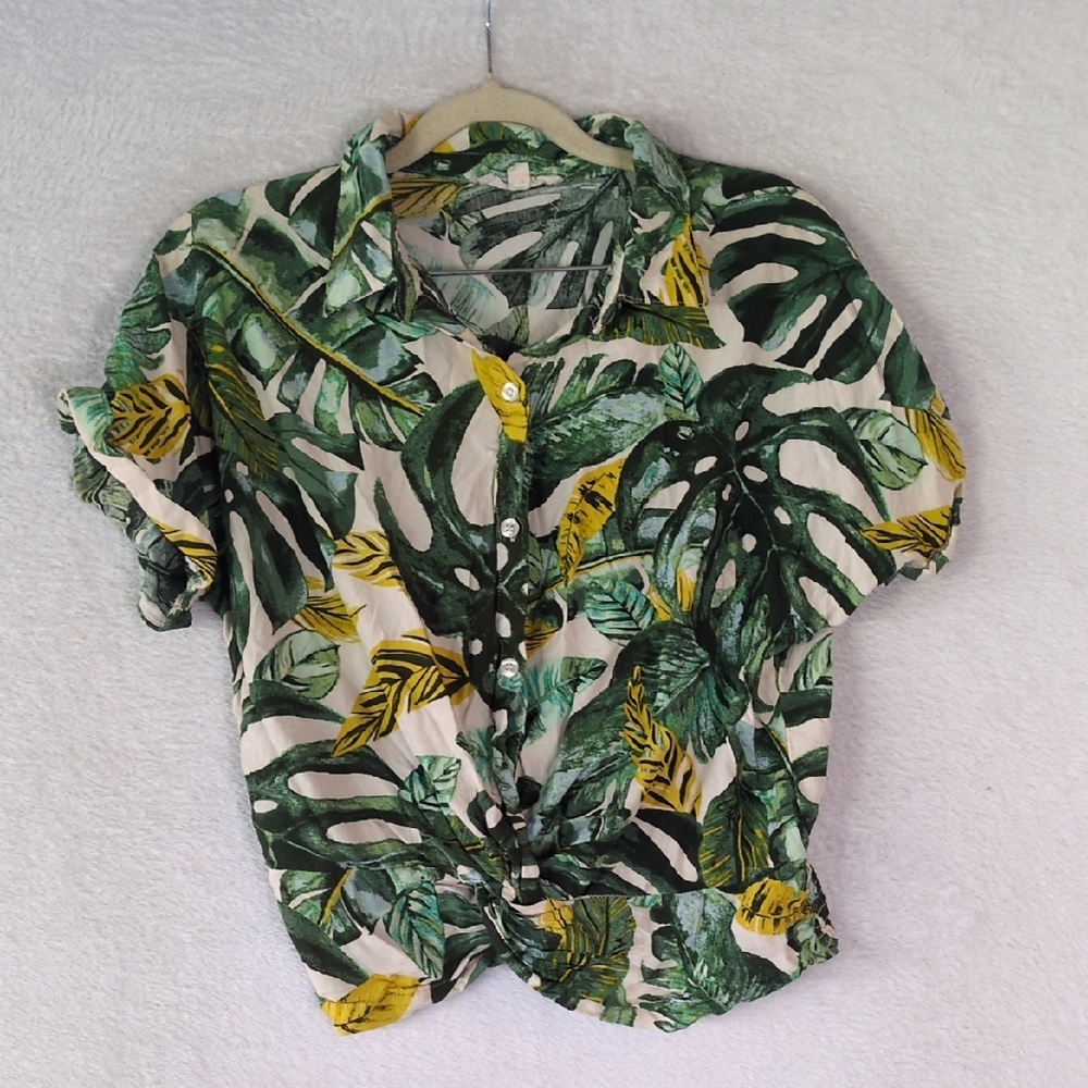 Sunburst Kiss Junior's Green Tropical Vacation Twist‎ Button Shirt Size XL